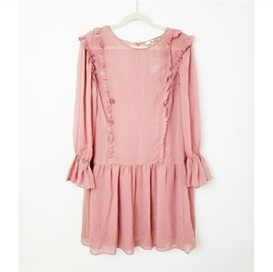 NWT Ella Moon Pink Ruffle Drop Waist Dress Gold Metallic Medium 1920's style